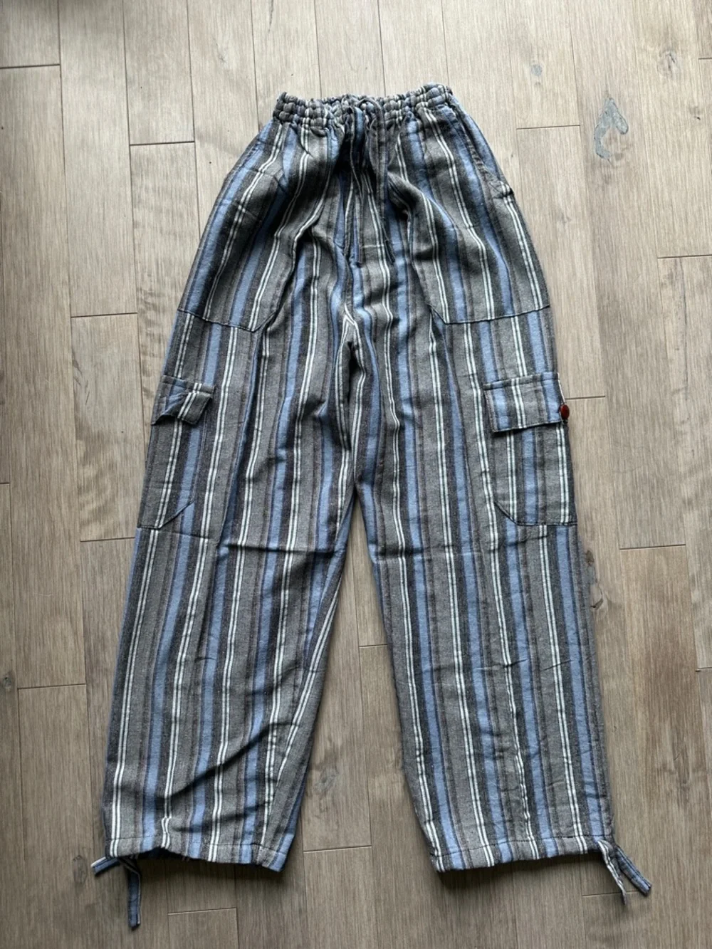 Peru/Ecuador Handmade Cotton Boho Unisex Striped Pants Joggers Blue Gray Medium‎ - Picture 4 of 6